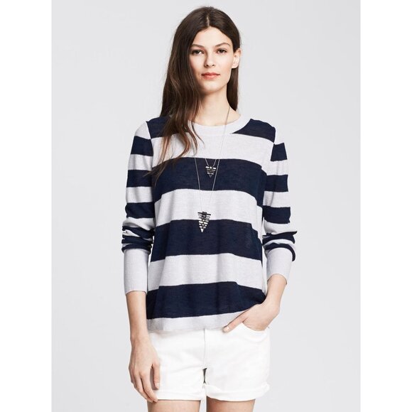 Banana Republic Navy White Striped Cross-Back Long-Sleeve Linen Blend Sweater S - Picture 3 of 9